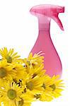 Natural Spring Cleaning Concept with Pink Spray Bottle and Flowers.