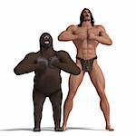 the apeman and the gorilla are ground friends. 3D rendering with clipping path and shadow over white