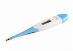 Digital white and blue thermometer with display isolated over white.