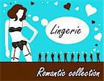 Romantic lingerie collection card, poster, label with sexy nude woman & group of men