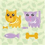 Cartoon Cat and Dog Icons with food symbols (fish, bone) on seamless background