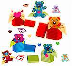 set of nine colorful vector gift with heart and toy bear