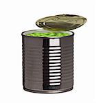 Open metallic tin can with green peas isolated on white background