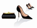 Black stiletto shoes and bag, vector fashion illustration, classic elegant glamour woman accessories