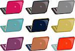 Colored laptop, notebooks icons set, web buttons, emblem