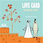 Wedding card, love, congratulations emblem. Vector weddings icons with cake and couple at nature and love tree