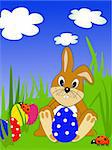 vector 10 eps illustration of a rabbit and a big easter egg on a green meadow