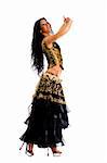 Latina dancer - beautiful woman with long black hair wearing stage vivid dress isolated on white