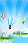 Business City Island with clouds water rays hot air balloons and airplane