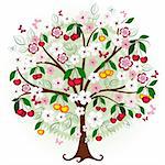 Decorative cherry tree with flowers, berries and butterflies (vector)
