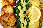 A close-up of fried cod with sliced potatoes, broccoli and bechamel sauce