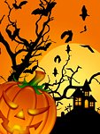 Halloween Carved Pumpkin Bats Moon Cemetery Tombstone Tree Illustration