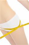 Part of beautiful fit slim woman body in white underwear measuring hips. anti-cellulite. isolated