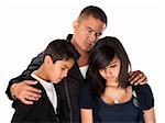 Hispanic father with kids looking down and sad on white background