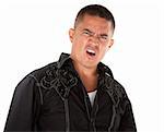 Annoyed middle-aged Hispanic man on white background