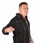 Enraged Hispanic man with fist on white background