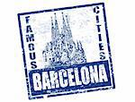 Blue grunge rubber stamp with the grand canal shape and the word Barcelona written inside