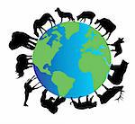 vector illustration of animal silhouettes around planet earth