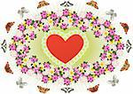 Abstract image of the heart surrounded by flowers and butterflies