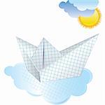Boat paper ship with sun and cloud. Origami vector illustration.