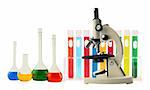 Laboratory metal microscope and test tubes with liquid on white