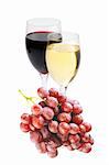 red and white wine in glasses and grape isolated on white background