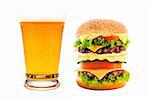 cheeseburger and golden beer mug isolated on white background