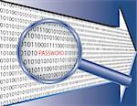 Binary code and word "password" under magnifier glass. Software security concept image.