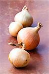 Close-up of fresh yellow onions on a wooden background