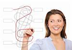 A picture of a nice woman drawing a diagram over white background