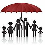 Silhouettes of woman man kid grandfather grandmother family under umbrella cover. Vector illustration. Element for design icon