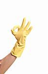 hands in yellow gloves isolated on white background