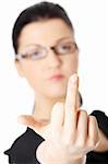 Young woman with middle finger up, isolated on white background. Focus on hand