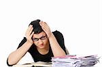 Bored young student woman at the desk , isolated on white background