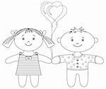 Toys, ragdolls, boy and girl with valentine heart balloon, contour