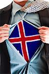 Business man showing Iceland flag shirt