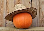 Pumpkin in a straw hat against wooden boards, photo by a Halloween