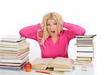 young pretty tired student girl with lots of books in panic. isolated on white background