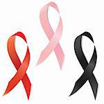 Set of aids and breast cancer ribbon, different sign or symbol, emblem. Vector illustration.