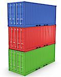 Three freight containers stacked in a tower isolated on white background