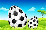 illustration of soccer ball decorated easter eggs on meadow