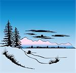 Winter Landscape with tree and mountain. Vector