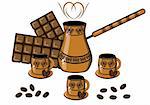 Coffee, chocolate, cup and coffee pot on white background for design