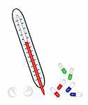 Isolated thermometer and pills - abstract medical background on white