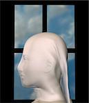 Woman veiled with white cloth against blue sky window frame. 3d illustration.