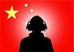 Illustration of a person wearing headphones in-front of the flag of China