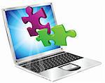 Jigsaw puzzle pieces flying out of a stylish laptop computer. Computer application concept.