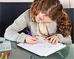 Teenager girl sitting at the table at home and doing her homework