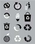Black and white recycle signs in gray background , vector illustration
