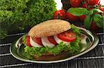Sesame bagel with tomatoes, mozzarella and basil